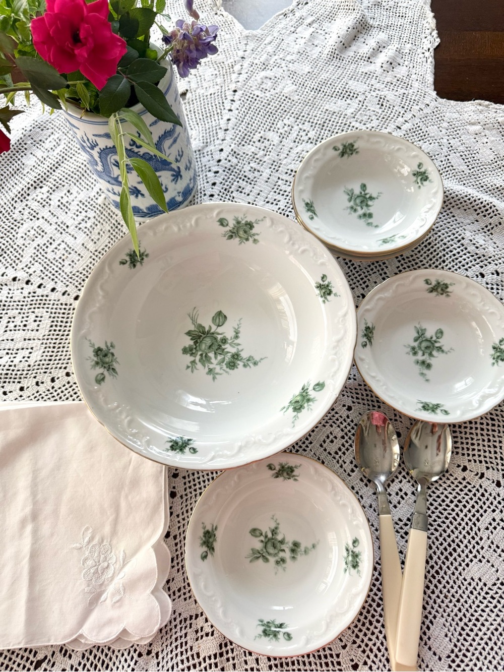 Vintage Eschenbach Bavaria Germany Green Rose Porcelain Bowl & 5 Berry Bo